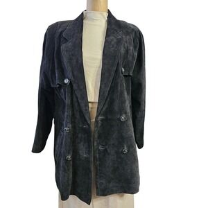 Vintage Black Suede Leather Double Breasted Blazer Jacket Women's Large